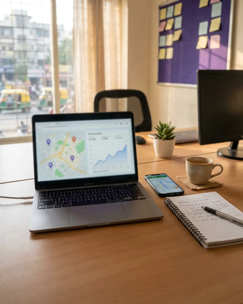 Laptop showing a clinic's Google Maps performance on an office desk