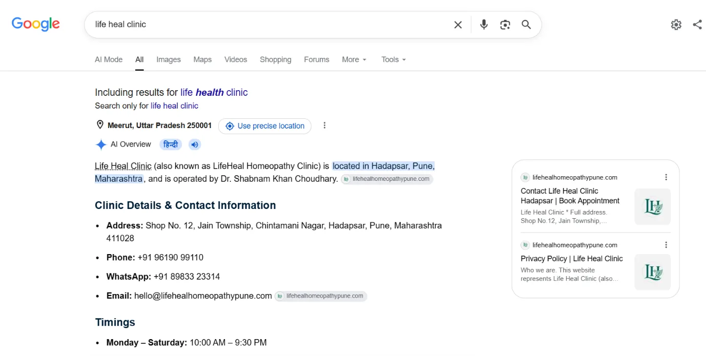 Google AI Overview describing Life Heal Clinic