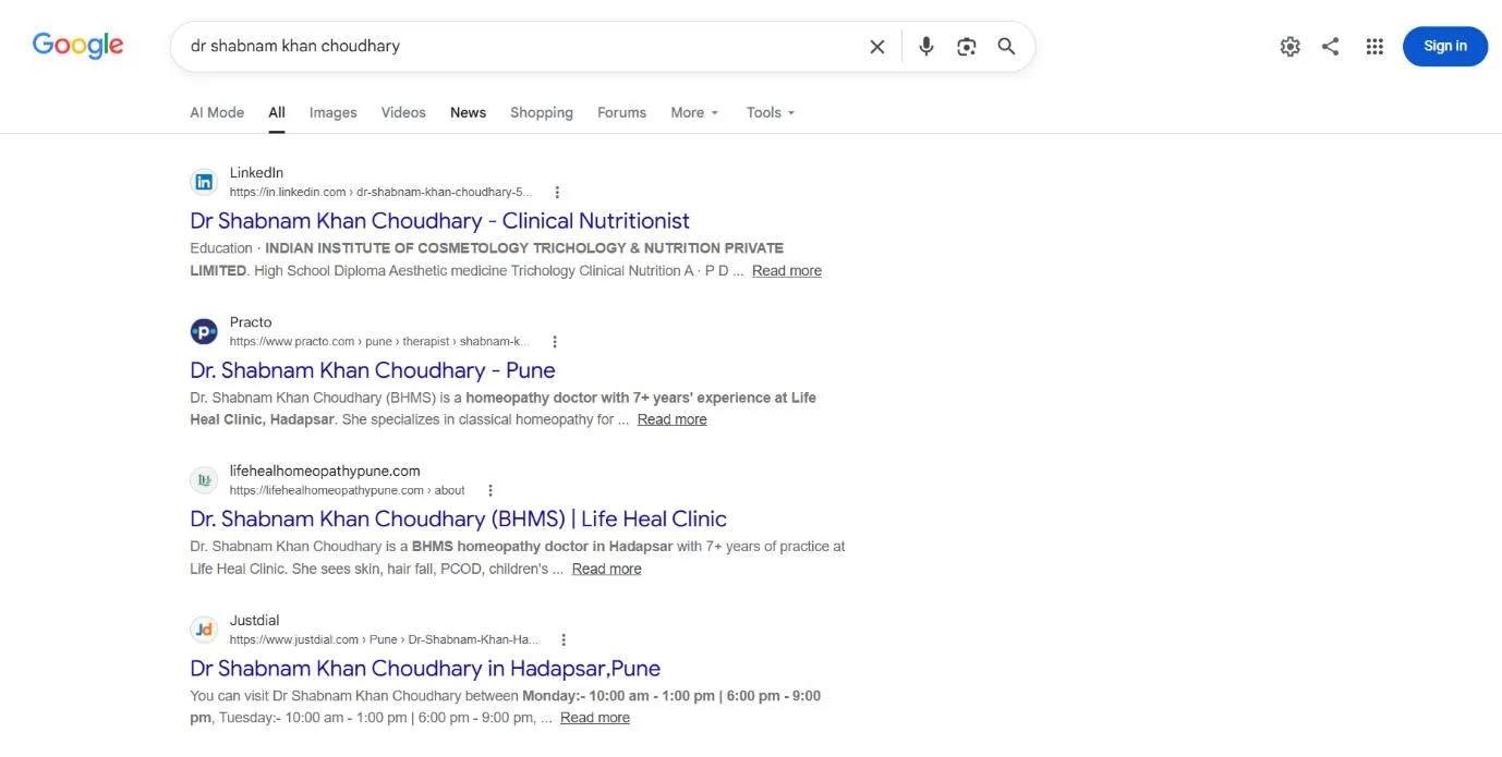 Google search results for the doctor's name