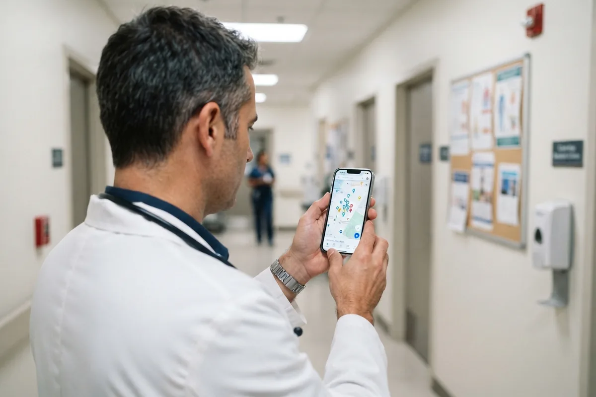 Doctor checking a map app