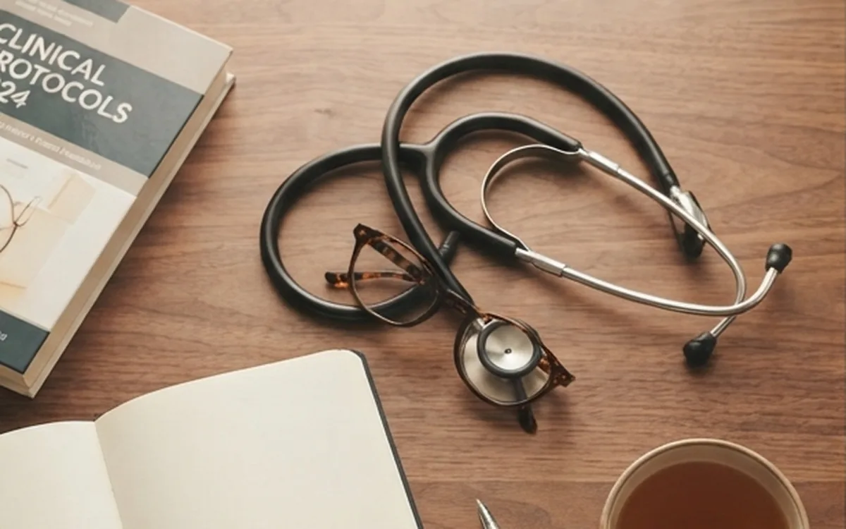 Stethoscope and a rule book on a desk
