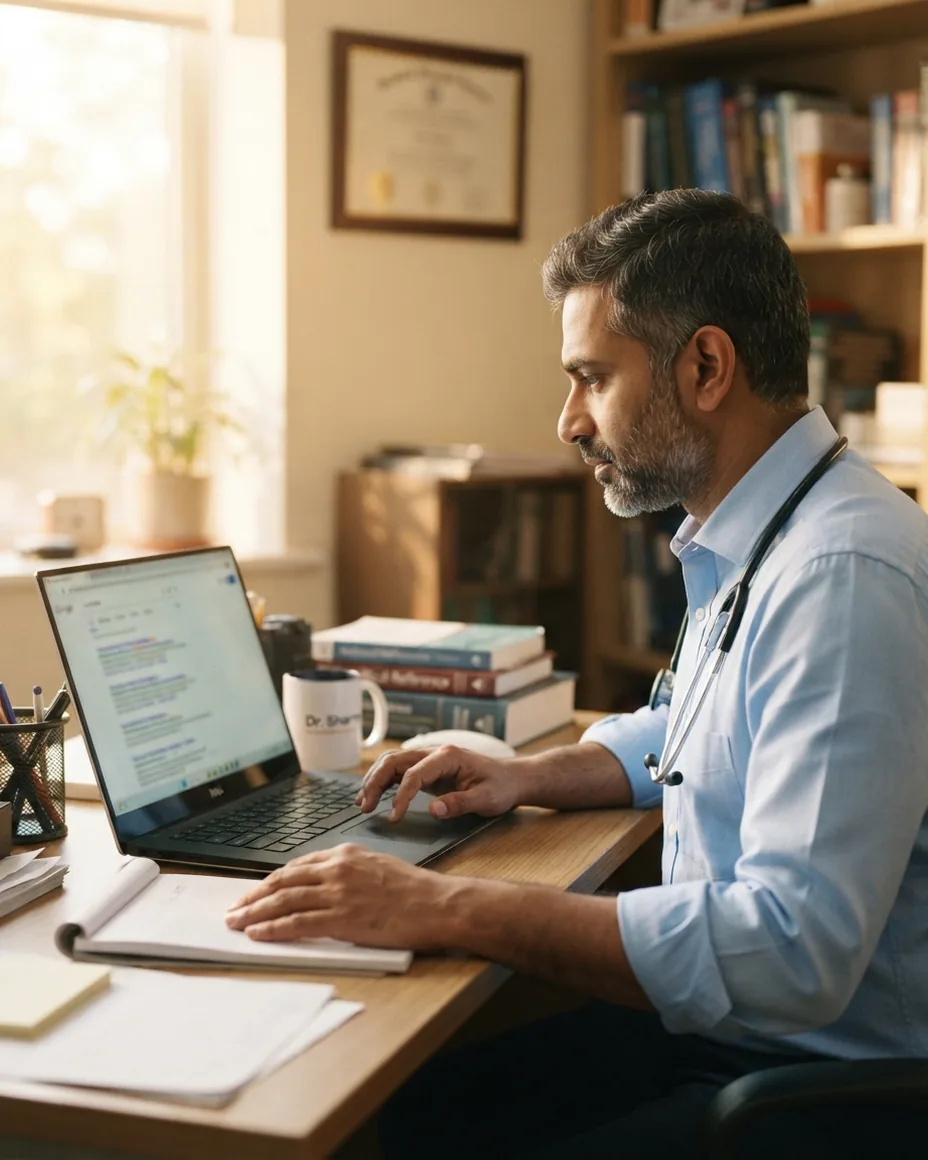 Doctor reviewing a clinic website's search results on a laptop