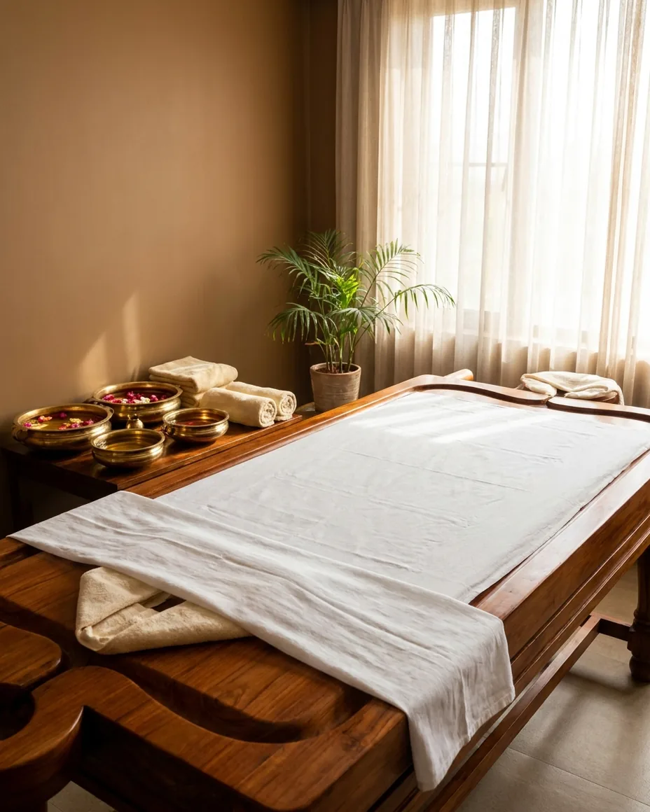 Ayurveda therapy room with a clean treatment table and herbal oils