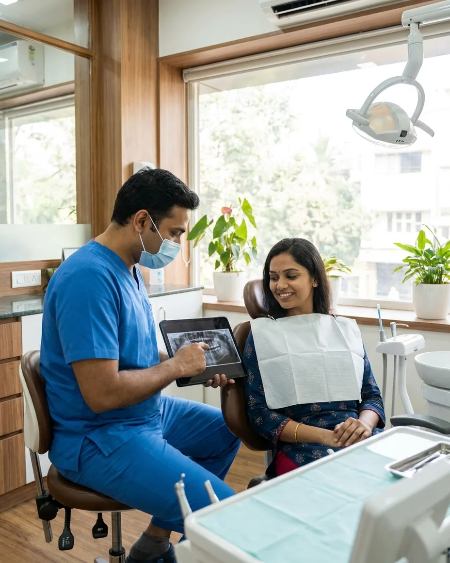 Dentist explaining a treatment to a patient using a tablet