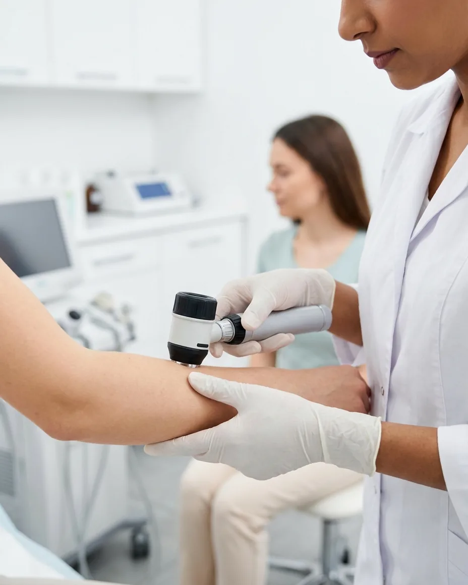Dermatologist examining a patient's skin with a dermatoscope