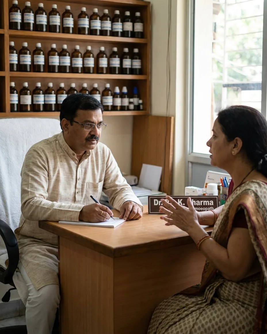 Homeopathy doctor in consultation with a patient at a clinic desk